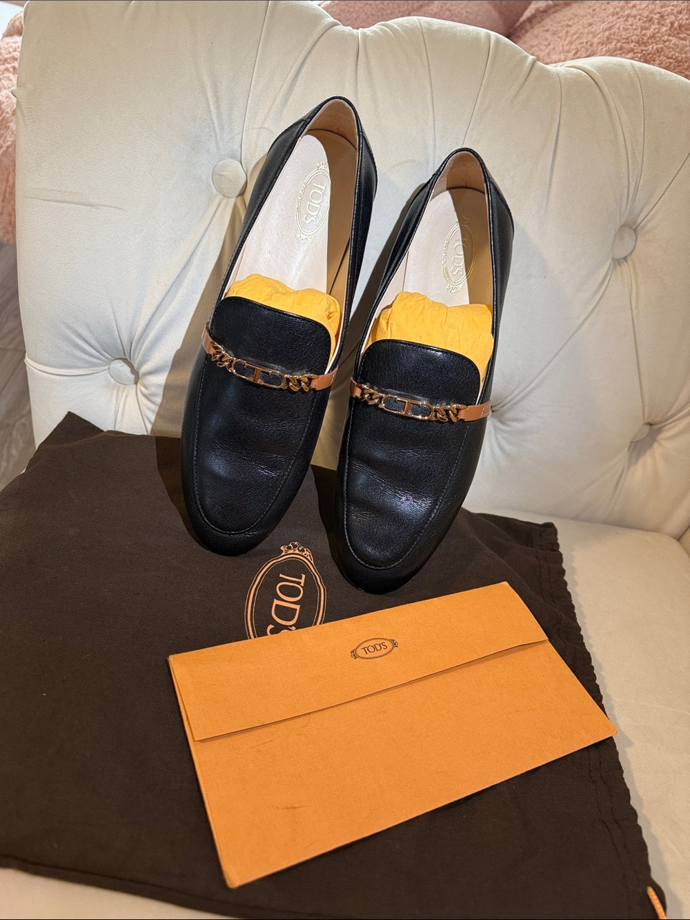 Tod's Black Leather Loafers with Brown Chain Trim